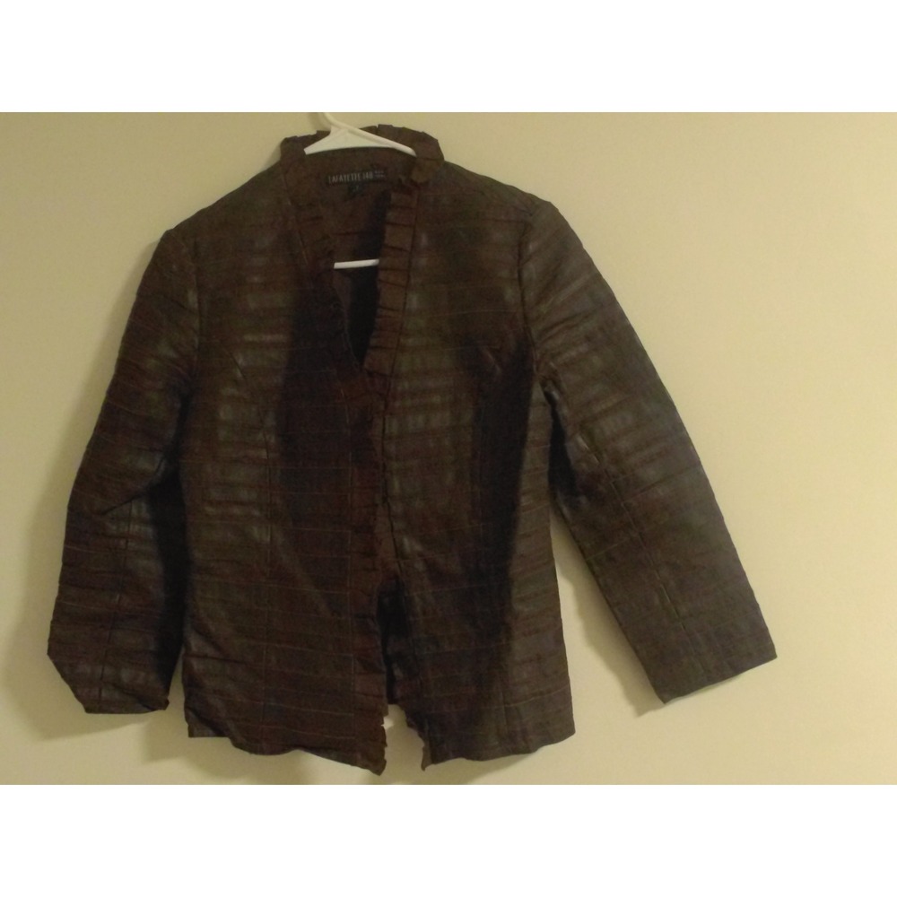 Lafayette 148 New York Brown Leather Linen Ruffle Trim Open Front Jacket Size 2